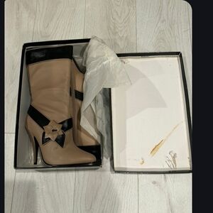 Chic Beige and Black Heeled mid calf boots